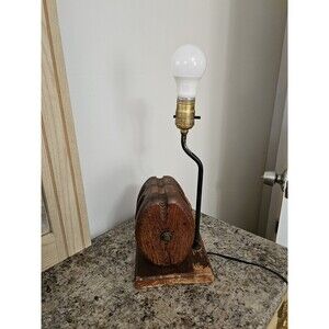 Vintage MCM Nautical Wooden Anchor Pulley Rope Table Lamp - Works!